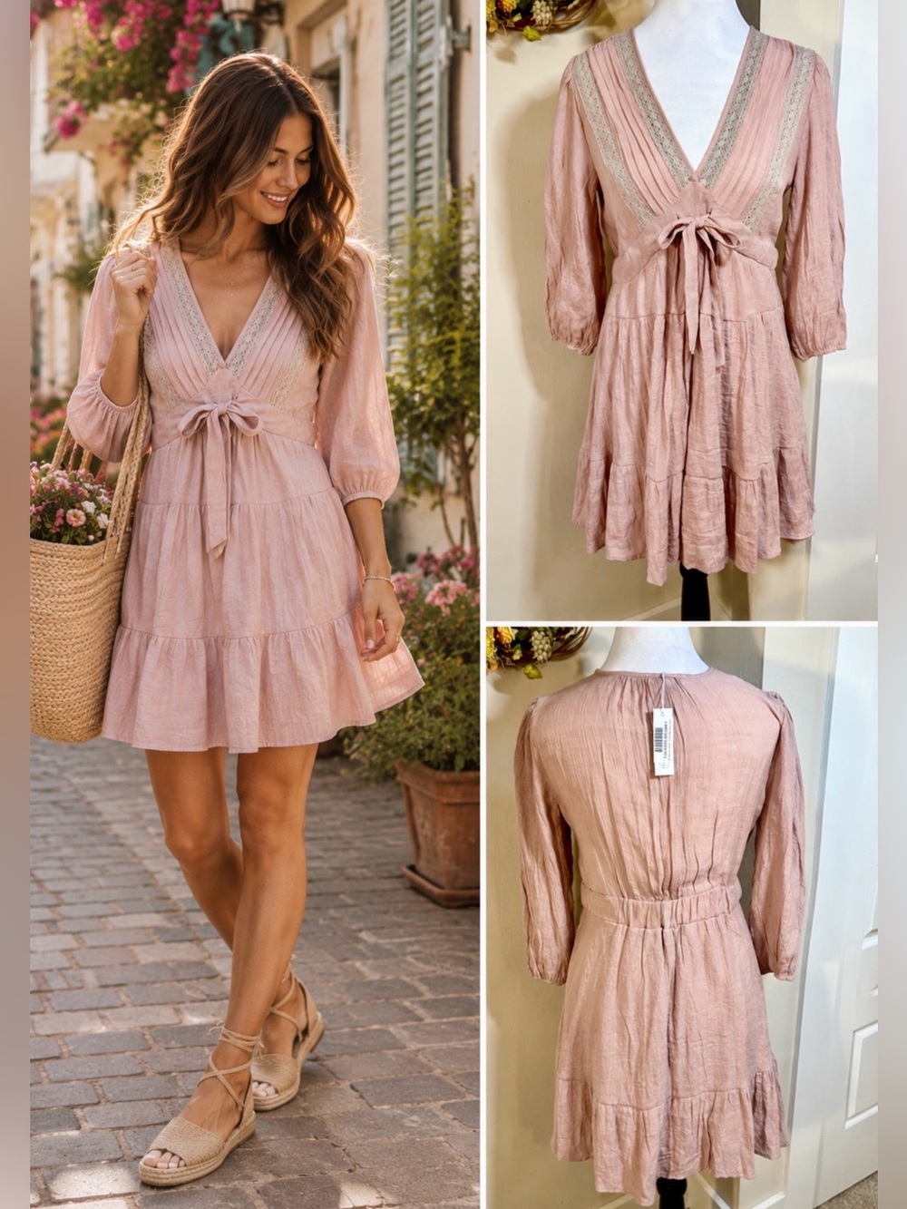 NWT BALTIC BORN Amelia Tiered Lace Bodice Babydoll Mini Dress Blush Pink XS💛
